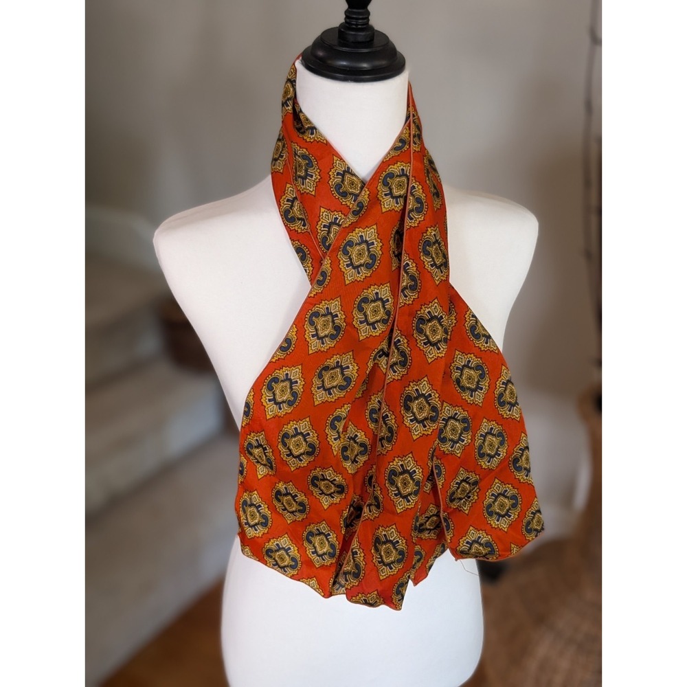 Dark Academia Rust Orange Silk Skinny Scarf Ornate Navy Gold Medallion Print